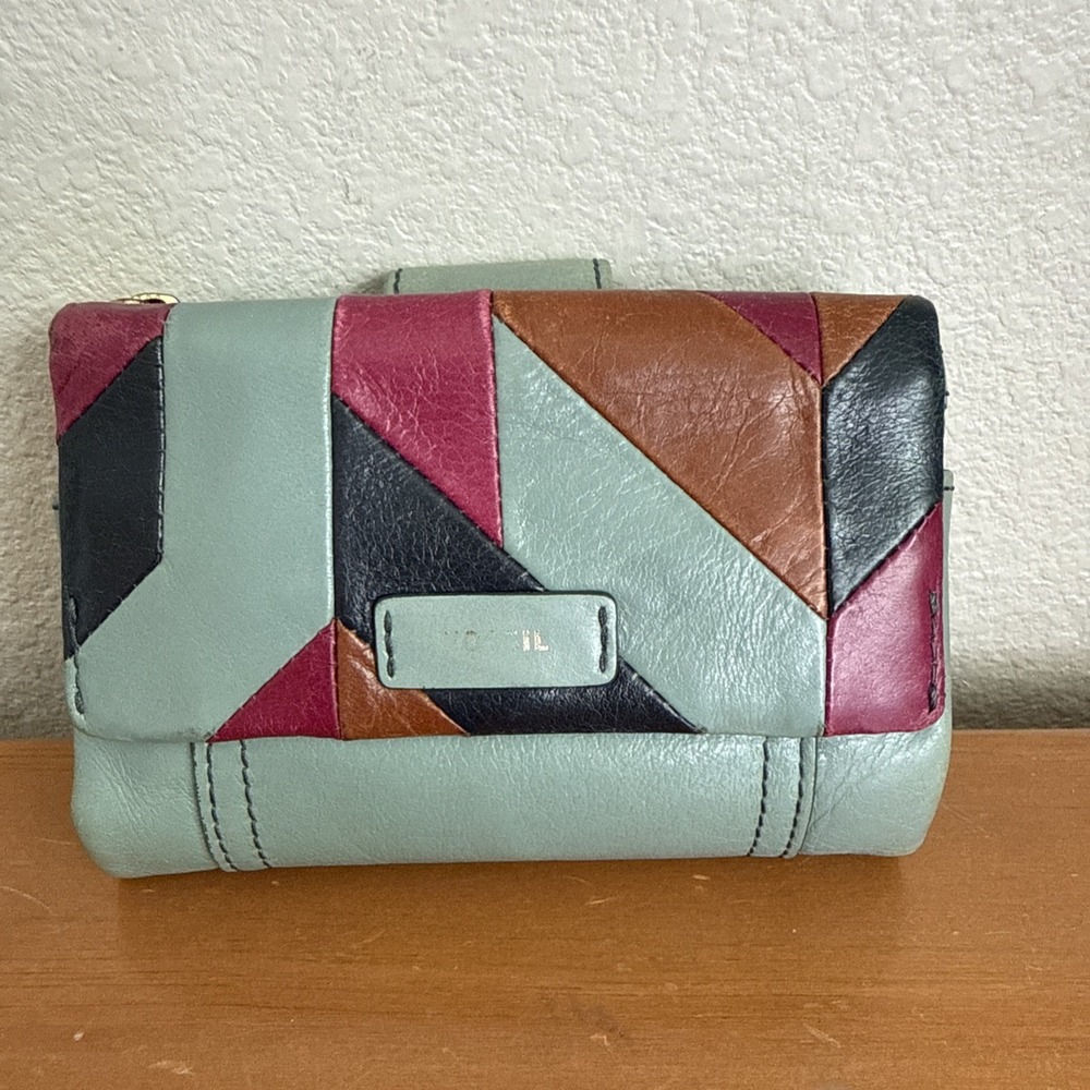 Vtg Fossil Patchwork Soft Leather Teal Wallet Snap‎ Close Zipper Colorblock-Read